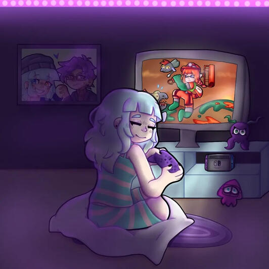 My OC in her room playing Splatoon 3